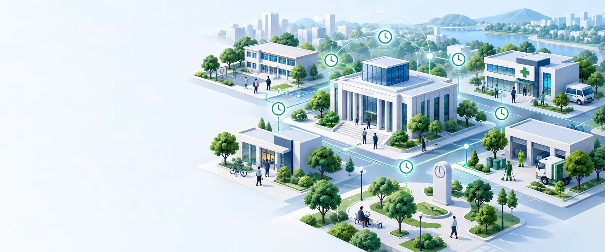 Ilustração de uma rede municipal conectando prefeitura, escola, unidade de saúde e serviços públicos